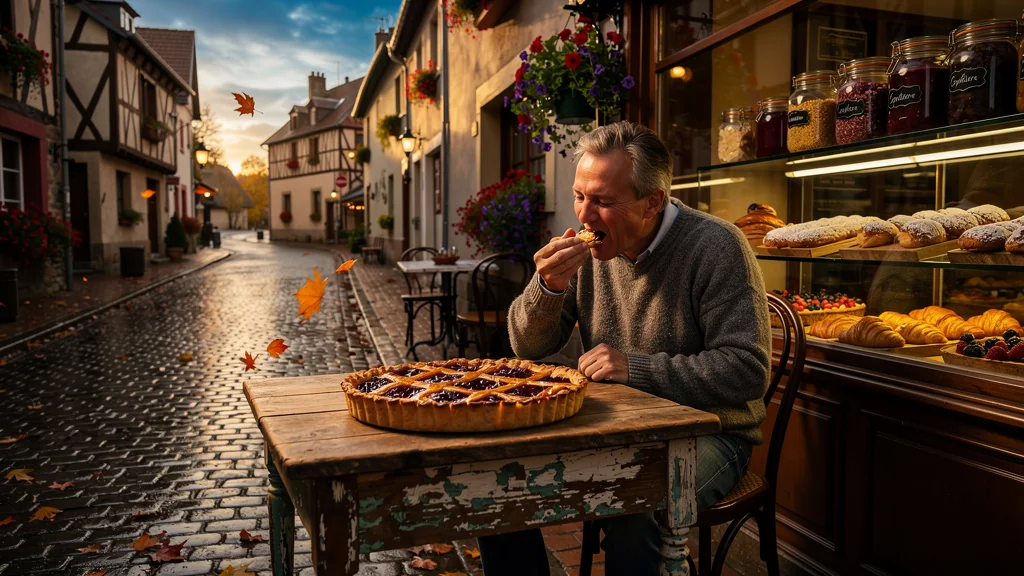 Homme savourant une tarte ardennaise à Nouzonville lors d'un séjour en plein air ensoleillé