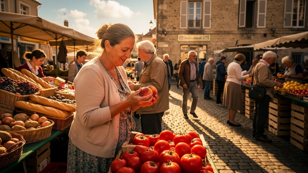 Marché animé de Rethel et Charleville avec clients faisant leurs provisions au soleil couchant