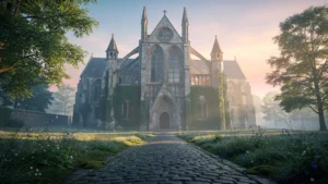 Abbaye de Signy en Ardennes un dimanche matin paisible sous une lumière dorée éclatante