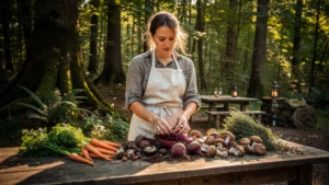 Table rustique en bois avec légumes de saison devant forêt à Signy-l'Abbaye, cuisine de saison authentique