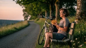 Femme sur la Voie Verte Trans-Ardennes tenant une galette au sucre en fin de journée en plein air