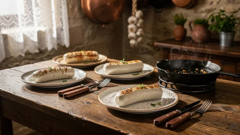 Test de quatre boudins blancs de Rethel posés sur une table rustique en ambiance chaleureuse