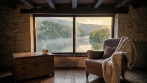 Matin brumeux dans une chambre de charme avec condensation sur vitre, vue sur vallée de la Meuse