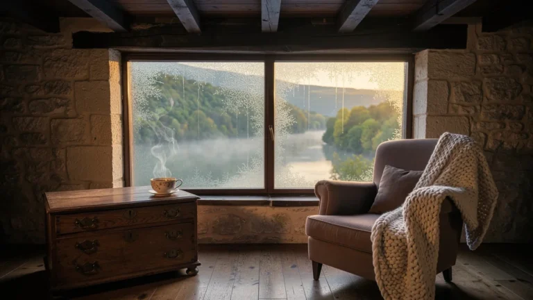 Matin brumeux dans une chambre de charme avec condensation sur vitre, vue sur vallée de la Meuse