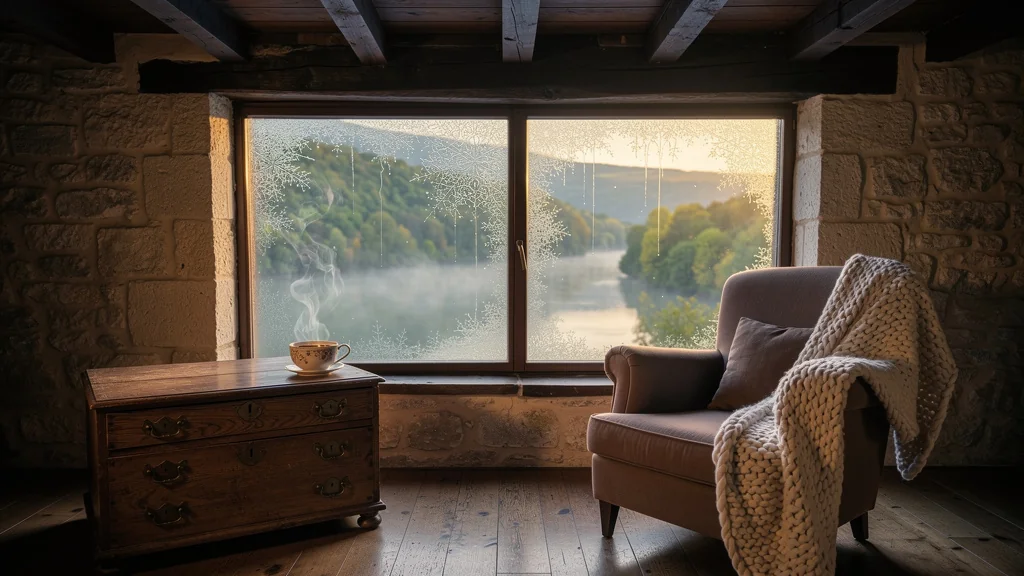 Matin brumeux dans une chambre de charme avec condensation sur vitre, vue sur vallée de la Meuse