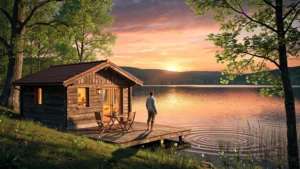 Paysage hyper-réaliste du gîte au bord du lac des Vieilles-Forges au coucher de soleil apaisant