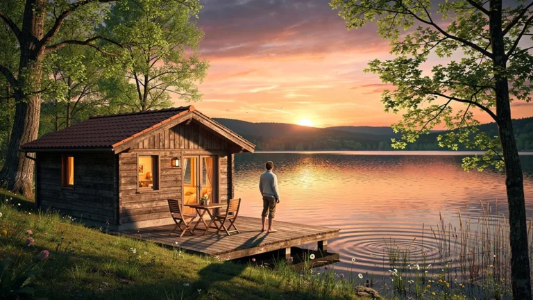 Paysage hyper-réaliste du gîte au bord du lac des Vieilles-Forges au coucher de soleil apaisant
