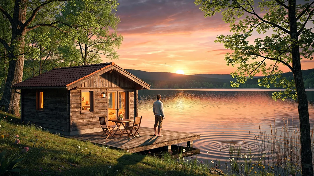 Paysage hyper-réaliste du gîte au bord du lac des Vieilles-Forges au coucher de soleil apaisant