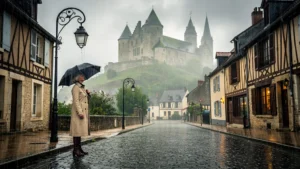 Scène hyper-réaliste d’un week-end pluvieux à Montcornet transformant un séjour patrimoine