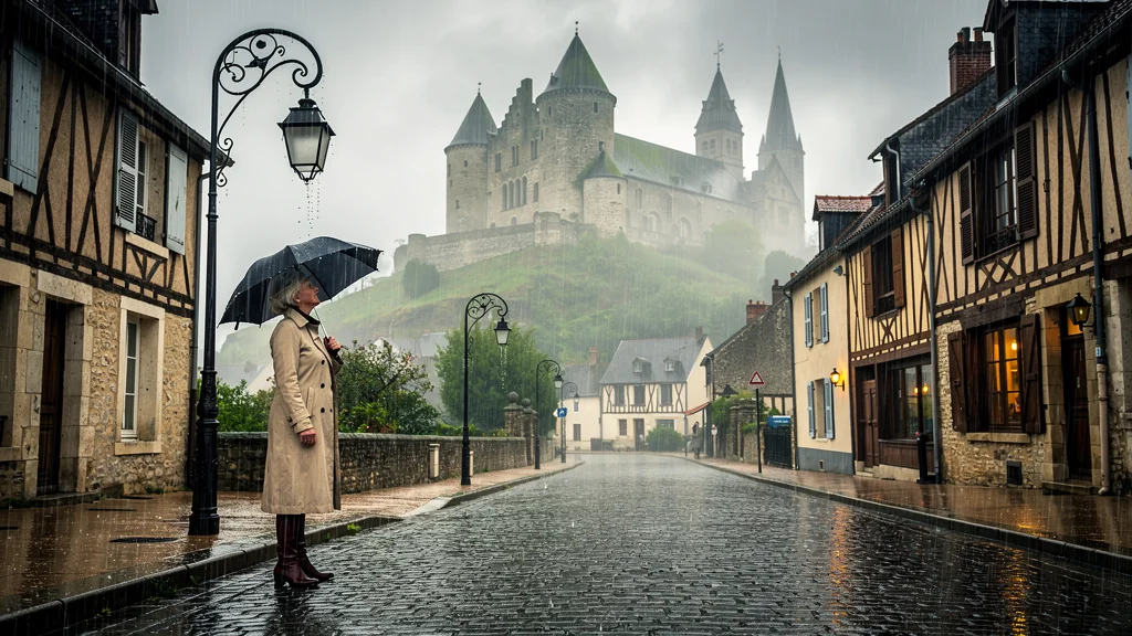 Scène hyper-réaliste d’un week-end pluvieux à Montcornet transformant un séjour patrimoine