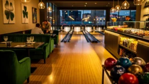 Intérieur moderne et chaleureux du bowling du Trèfle avec ses pistes brillantes et ambiance accueillante