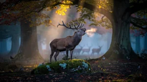Moment précis du brame du cerf en forêt automnale, lumière dorée au coucher du soleil