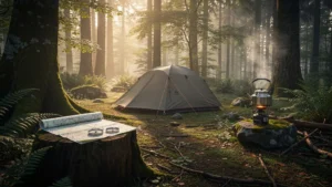 Camping en forêt dans les Ardennes au lever du soleil avec tente et équipement de camping détaillés
