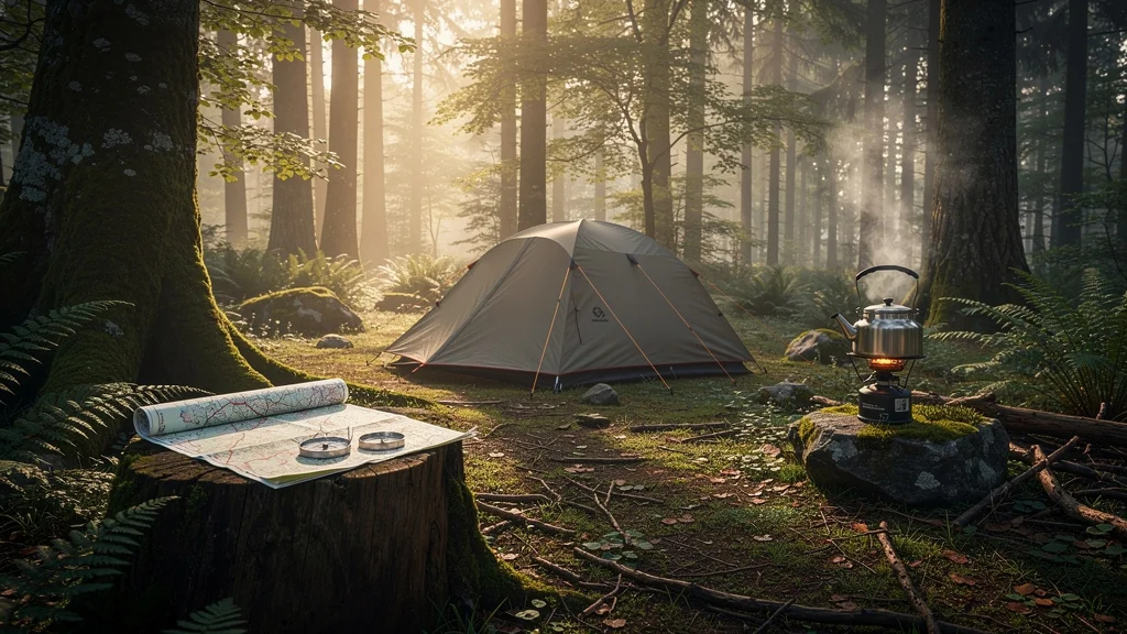 Camping en forêt dans les Ardennes au lever du soleil avec tente et équipement de camping détaillés