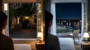 Vue nocturne hyperréaliste chambre cour et chambre vue Meuse, ambiance nuit douce et contrastée