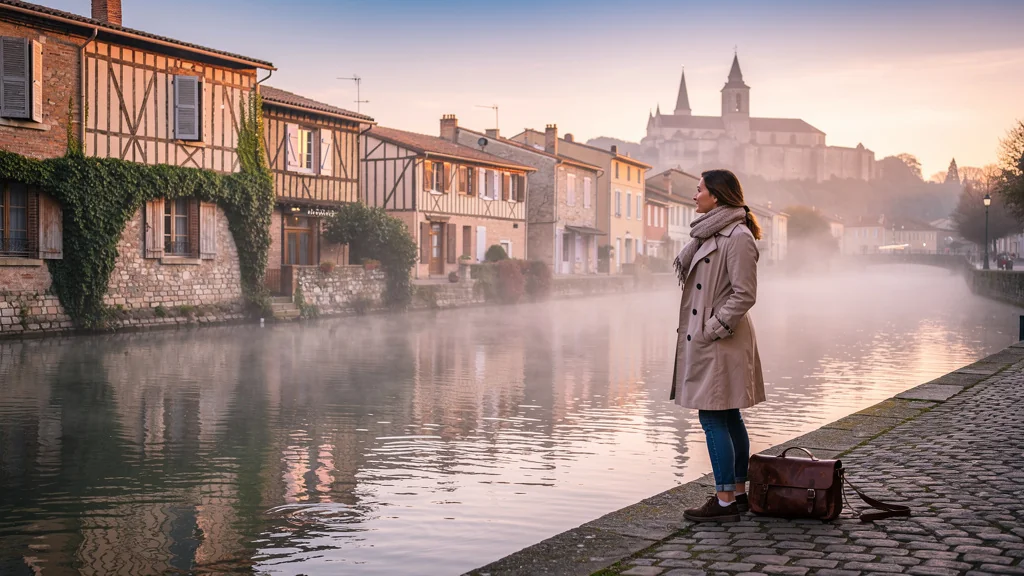 Paysage matinal hyper-réaliste de Castelnaudary avec femme rédactrice près du canal