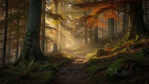 Photo hyper-réaliste de la forêt des Ardennes en automne avec lumière dorée et sentier mystique