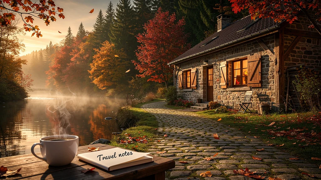 Gîte typique dans les Ardennes en automne, ambiance chaleureuse et nature luxuriante, photo réaliste 8K