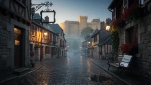 Rue pavée de Rocroi au crépuscule avec enseigne d'hôtel fermée, symbolisant l'absence de chambres de charme