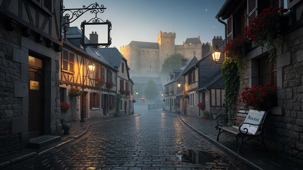 Rue pavée de Rocroi au crépuscule avec enseigne d'hôtel fermée, symbolisant l'absence de chambres de charme