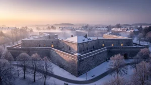 Vue hivernale hyperréaliste de la citadelle de Rocroi sous un ciel crépusculaire, neige et lumière chaude