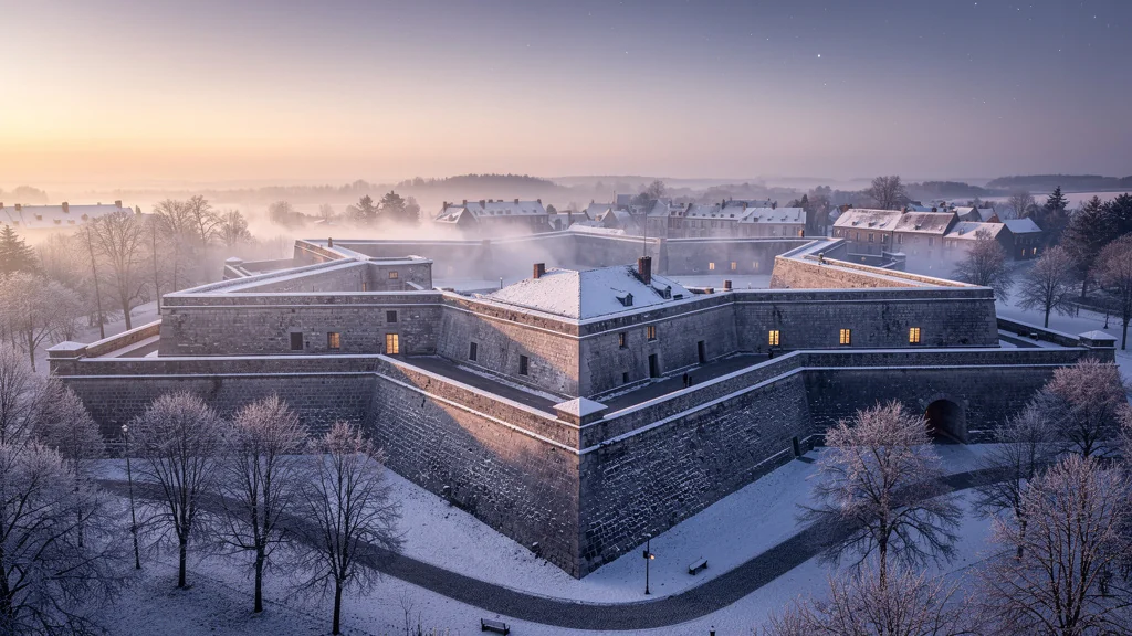 Vue hivernale hyperréaliste de la citadelle de Rocroi sous un ciel crépusculaire, neige et lumière chaude