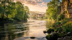 Vue réaliste et détaillée de la Meuse fleuve en conditions naturelles, au coucher du soleil