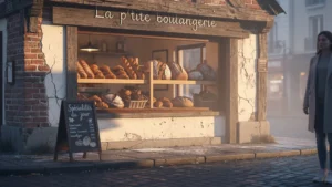 Façade chaleureuse et détaillée de la p'tite boulangerie au lever du jour, ambiance artisanale authentique
