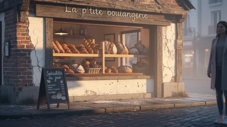 Façade chaleureuse et détaillée de la p'tite boulangerie au lever du jour, ambiance artisanale authentique