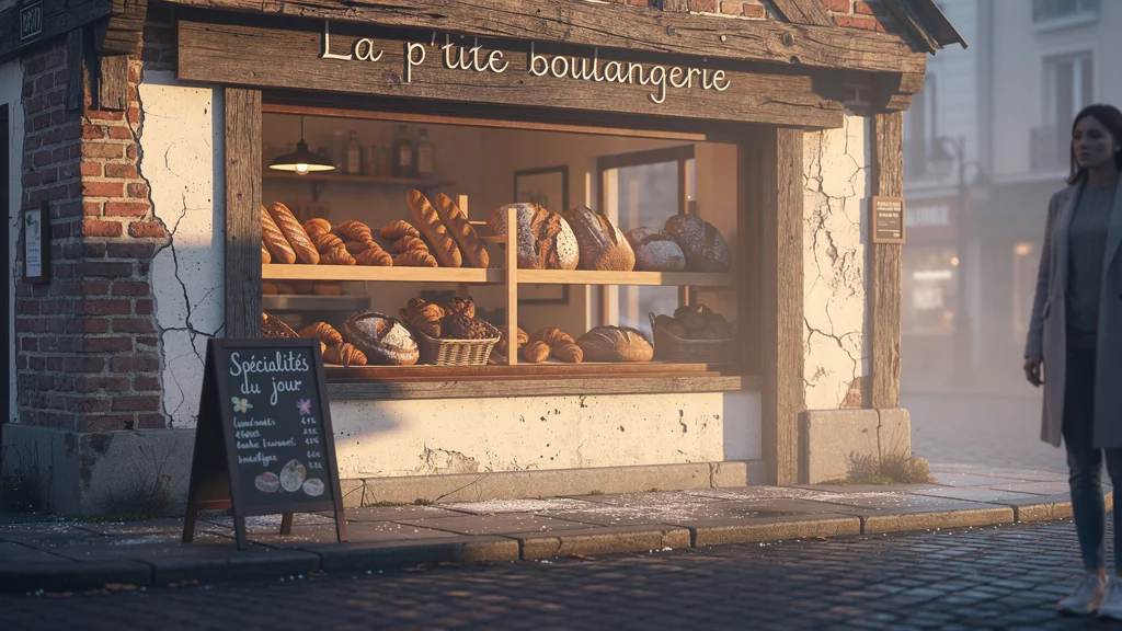 Façade chaleureuse et détaillée de la p'tite boulangerie au lever du jour, ambiance artisanale authentique