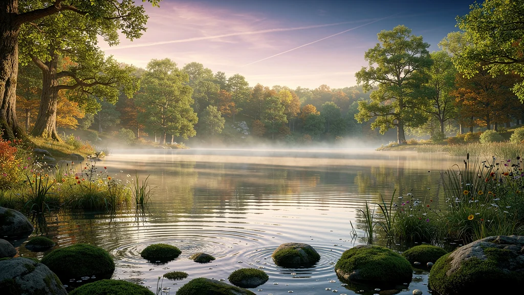 Vue réaliste du lac des vieilles forges à l’ouverture, paysage naturel paisible au lever du jour