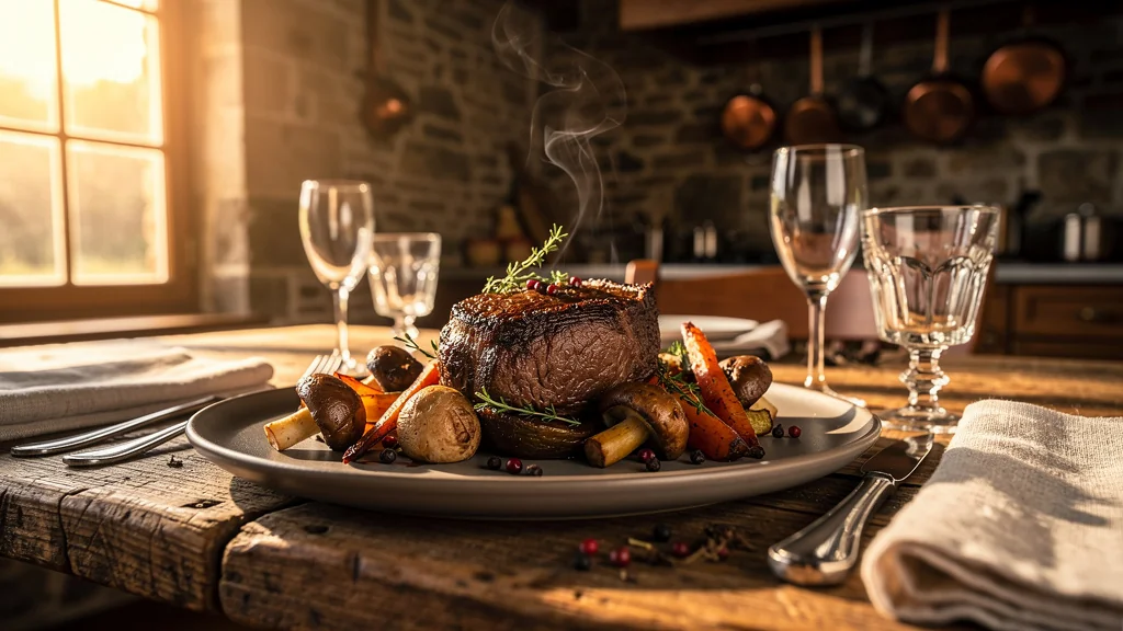 Table ardennaise élégante avec gibier rôti sans sauce, mettant en valeur la viande naturelle et raffinée