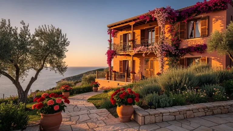 Maison Jebrane vue extérieure en lumière dorée, villa méditerranéenne entourée de jardins luxuriants et mer bleue en arrière-plan
