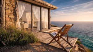 Maison mer moderne en bord de mer au coucher de soleil avec vue panoramique sur l’océan calme