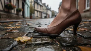 Femme mal chaussée sur pavés irréguliers de Charleville lors d’une visite difficile en automne