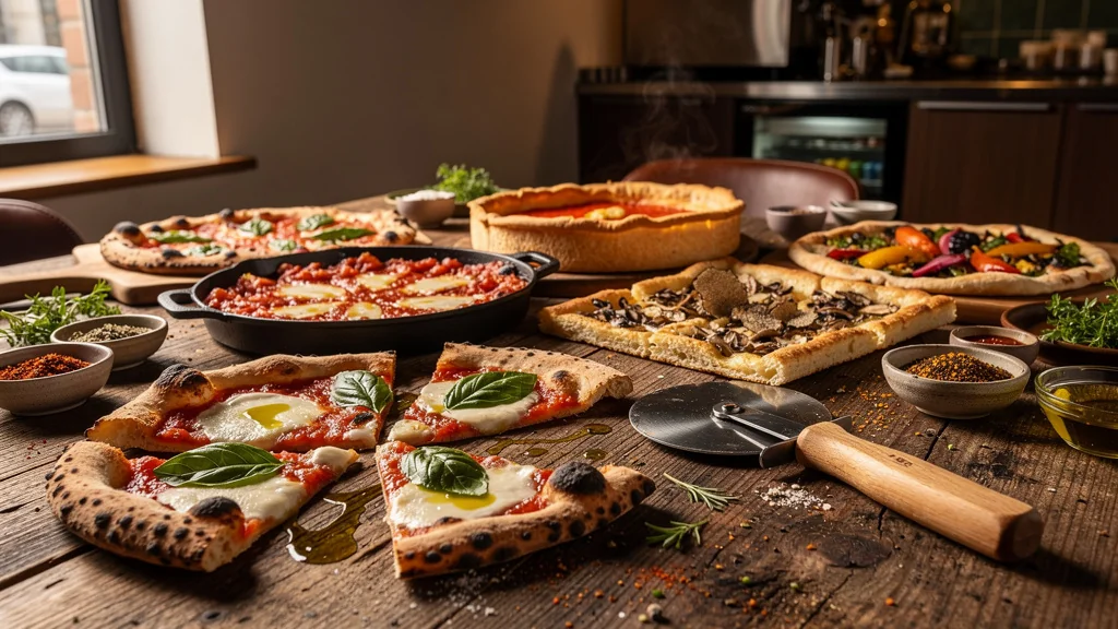 Assortiment de pizzas internationales sur table en bois pour pizza del mondo, ambiance gastronomique raffinée