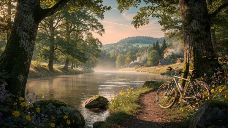 Paysage naturel hyper-réaliste des Ardennes pour un week-end, rivière, forêt, collines et lumière douce