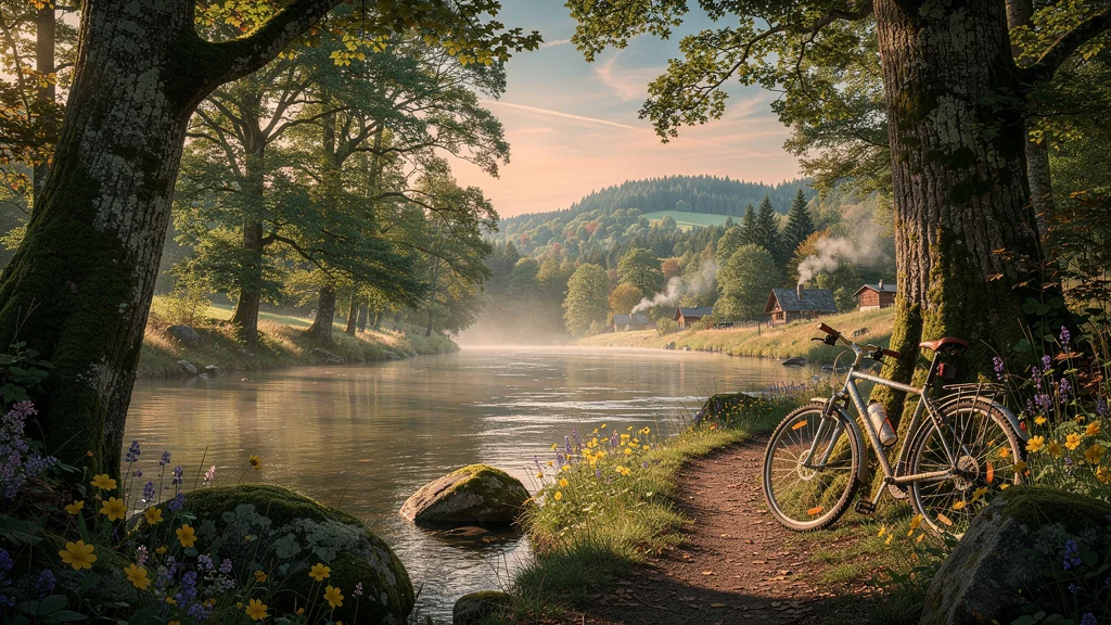 Paysage naturel hyper-réaliste des Ardennes pour un week-end, rivière, forêt, collines et lumière douce
