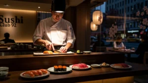 Intérieur élégant du Sushi Club 92 avec chef préparant des sushis, ambiance raffinée et moderne