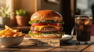 Photo réaliste du Toogood Burger gourmet avec sauce, cheddar, salade et tomate sur table en bois éclairée au soleil
