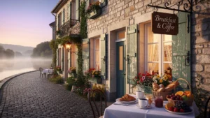 Trois auberges pittoresques à la pointe de Givet au petit-déjeuner au lever du jour