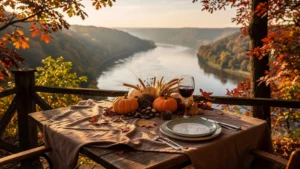 Dîner d'automne sur une terrasse face aux méandres de la Meuse en lumière dorée