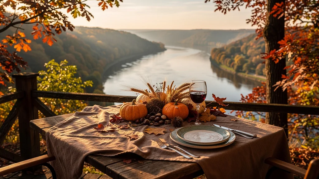 Dîner d'automne sur une terrasse face aux méandres de la Meuse en lumière dorée