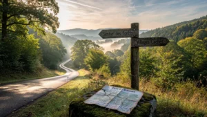 Paysage hyper-réaliste des Ardennes au lever du soleil avec forêt dense et route de campagne sinueuse