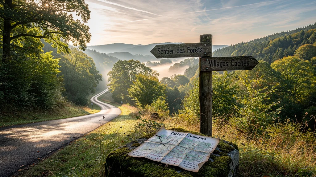Paysage hyper-réaliste des Ardennes au lever du soleil avec forêt dense et route de campagne sinueuse