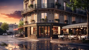 Façade détaillée et lumineuse du W&M Saint Michel en plein Paris au coucher de soleil, ambiance urbaine élégante