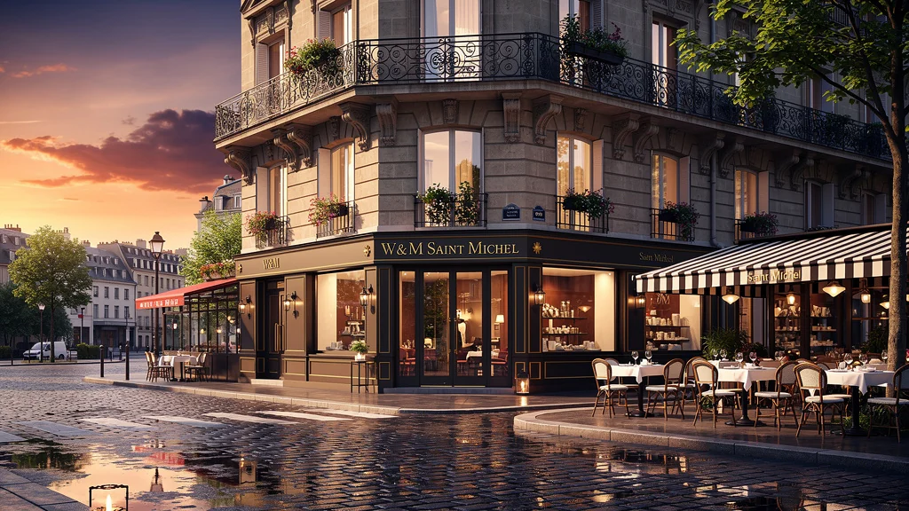 Façade détaillée et lumineuse du W&M Saint Michel en plein Paris au coucher de soleil, ambiance urbaine élégante